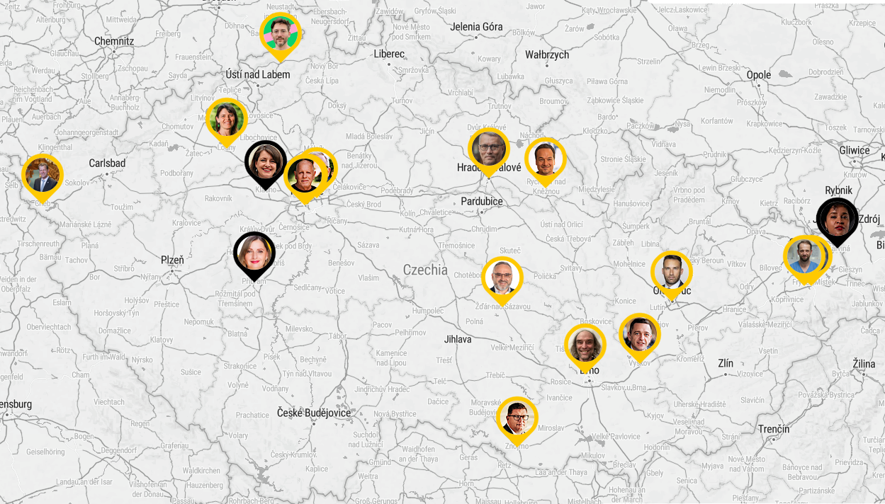 Mapa pirátských kandidátů do Senátu – kliknutím otevřete rozcestník